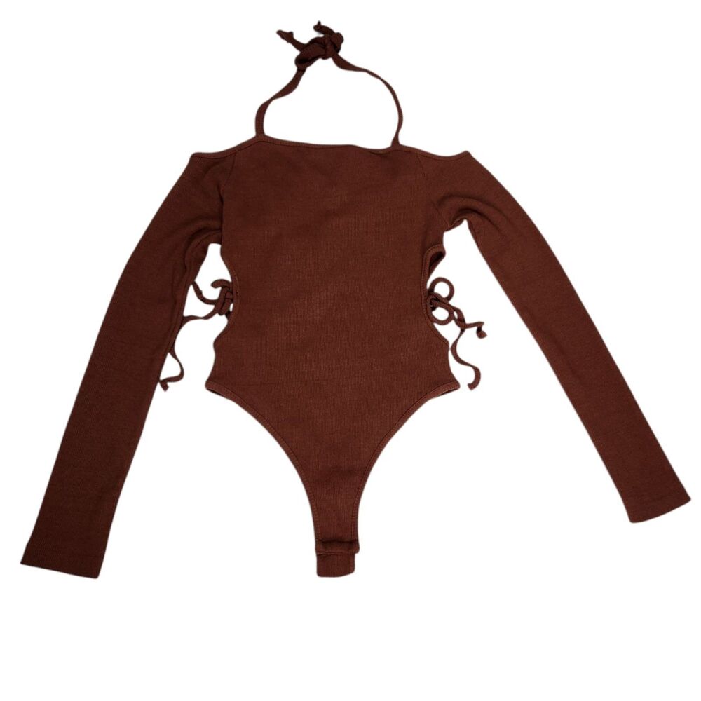 Cut Out Bodysuit Womens 2 Ribbed Halter Tie Cotton Bodycon W Tags Defect